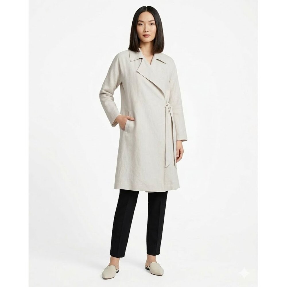 NWT Eileen Fisher Side-Tie Organic Cotton Trench in Bone Wrap Coat S $368